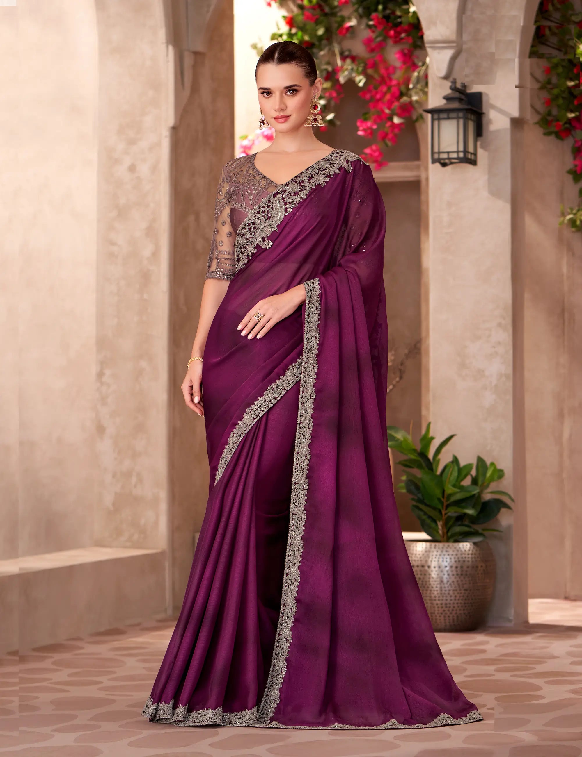 Wine Shaded Satin Chiffon Embroidery Work Saree - qivii