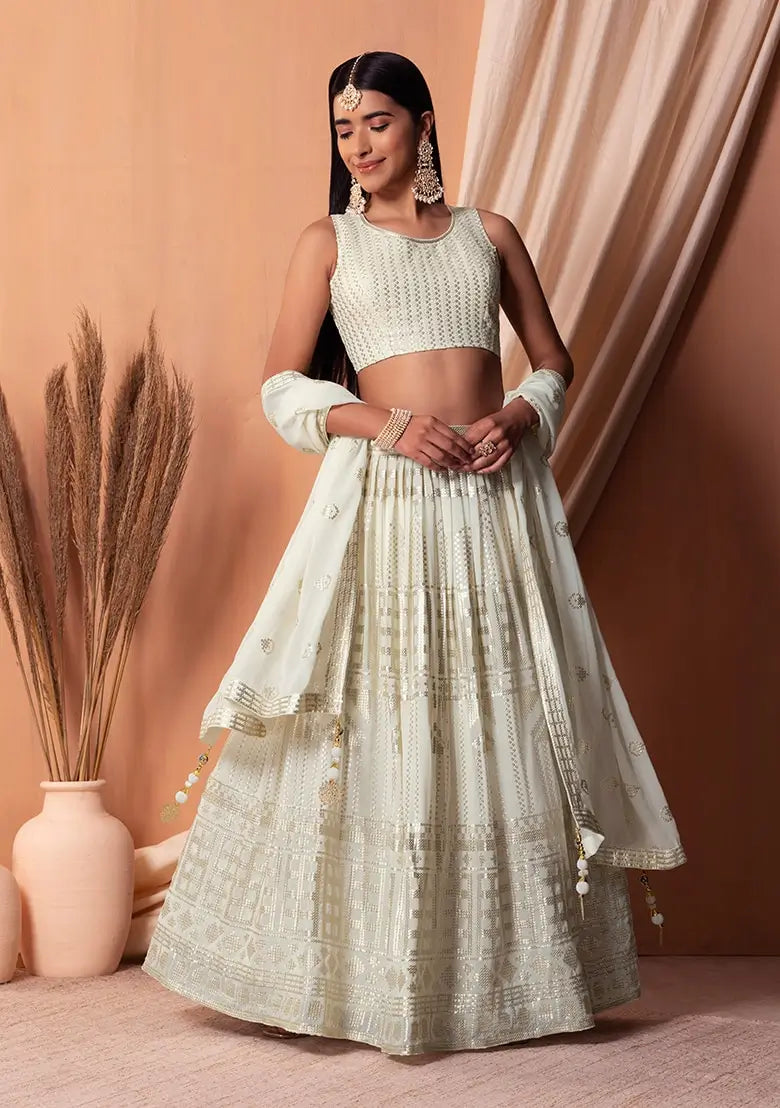 White Georgette Sequins And Thread Embroidery Work Lehenga choli | Ready To Wear - qivii