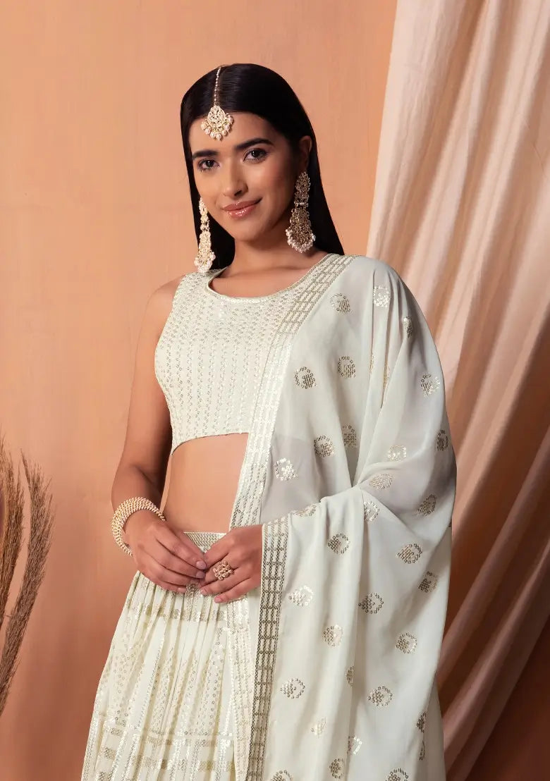 White Georgette Sequins And Thread Embroidery Work Lehenga choli | Ready To Wear - qivii