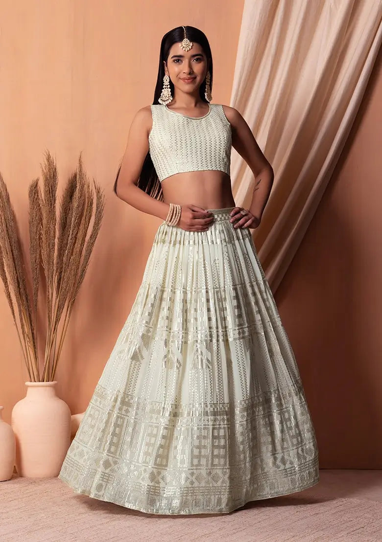 White Georgette Sequins And Thread Embroidery Work Lehenga choli | Ready To Wear - qivii