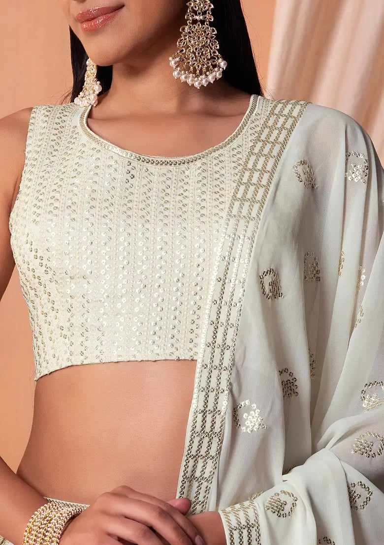 White Georgette Sequins And Thread Embroidery Work Lehenga choli | Ready To Wear - qivii