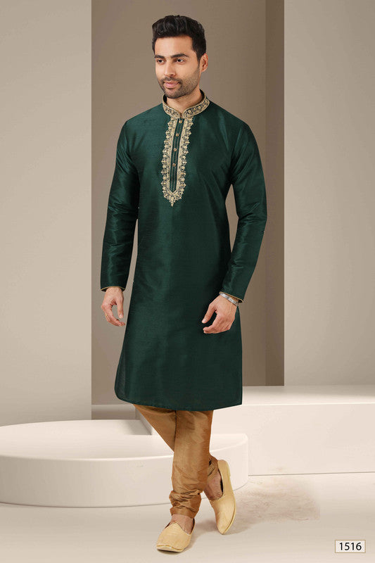 Men's Banarasi Art Silk Mirror Work Kurta Pajama In Dark Green Colour