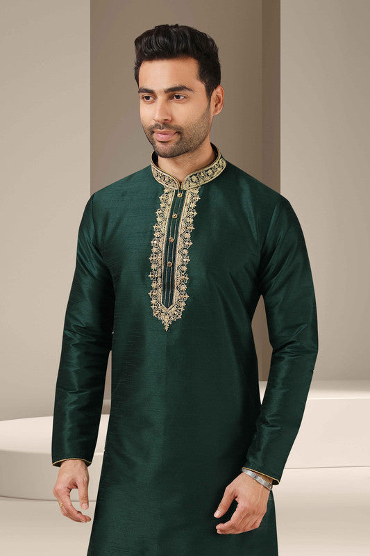 Men's Banarasi Art Silk Mirror Work Kurta Pajama In Dark Green Colour