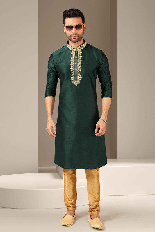 Men's Banarasi Art Silk Mirror Work Kurta Pajama In Dark Green Colour