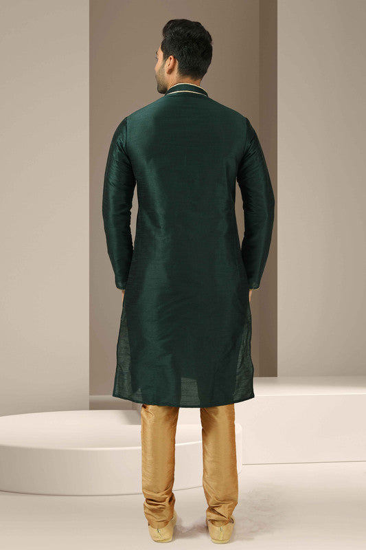 Men's Banarasi Art Silk Mirror Work Kurta Pajama In Dark Green Colour