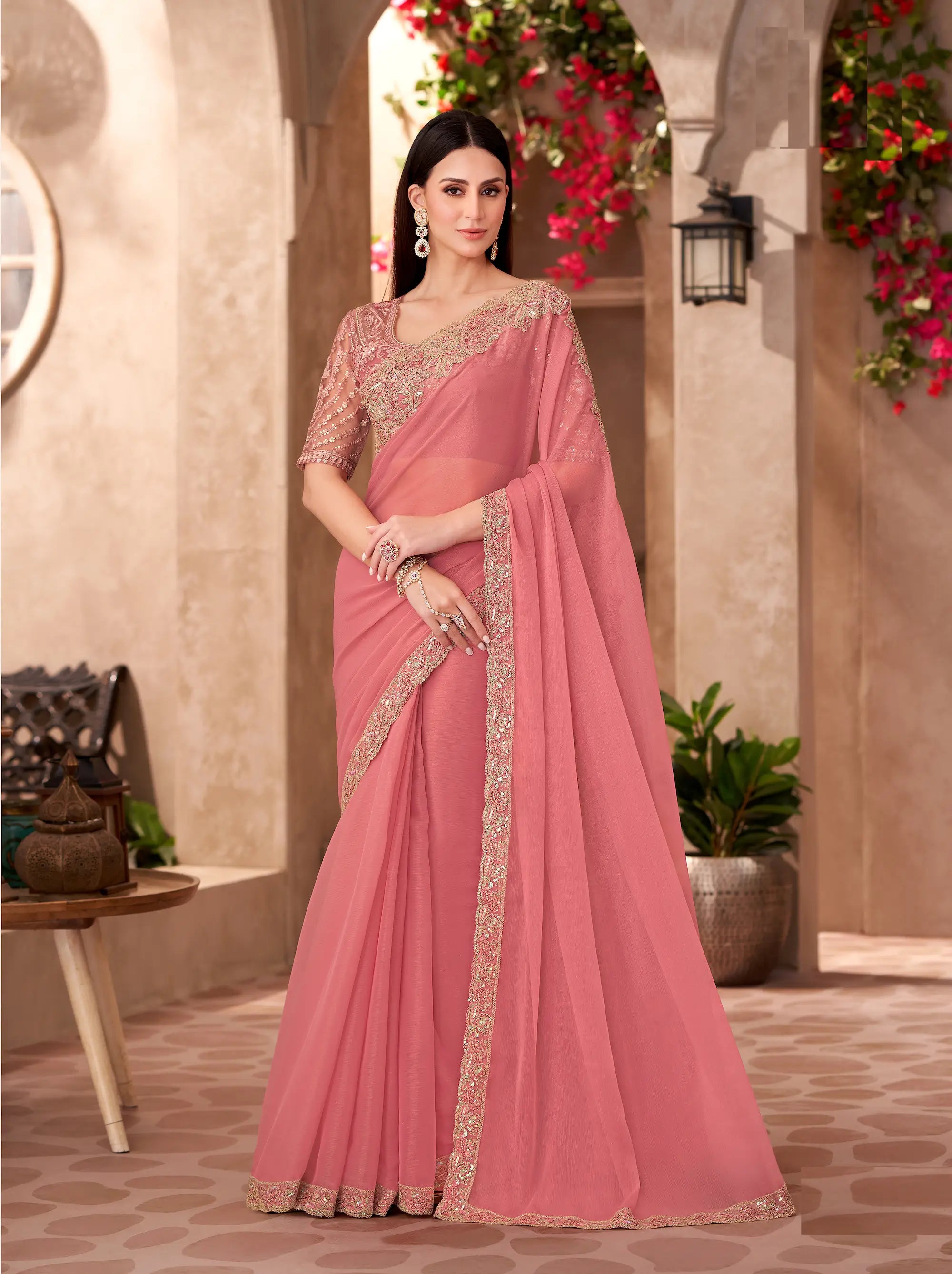 Peach Pink Shiney Georgette embroidery Work Saree - qivii