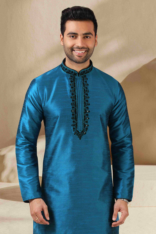 Men's Banarasi Art Silk Mirror Work Kurta Pajama In Teal Colour