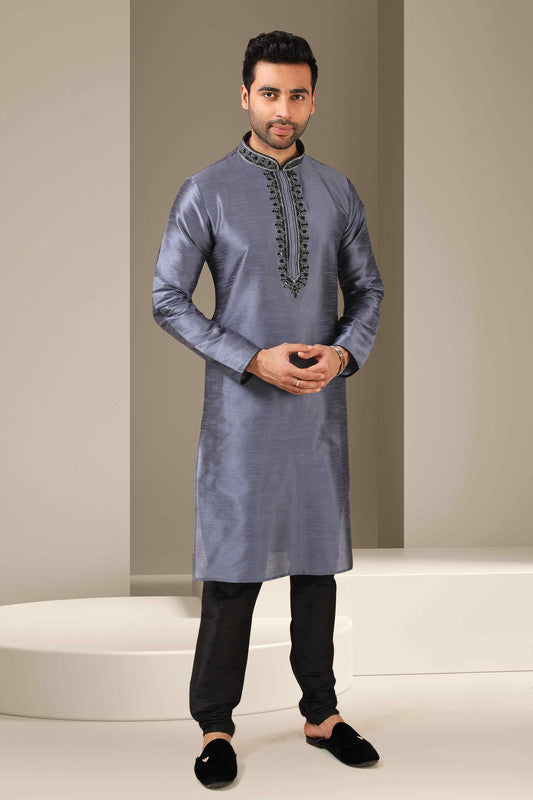 Men's Banarasi Art Silk Mirror Work Kurta Pajama In Dark Grey Colour