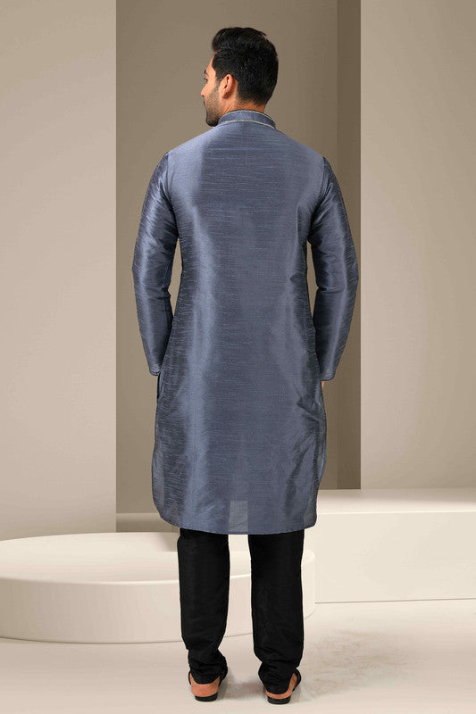 Men's Banarasi Art Silk Mirror Work Kurta Pajama In Dark Grey Colour