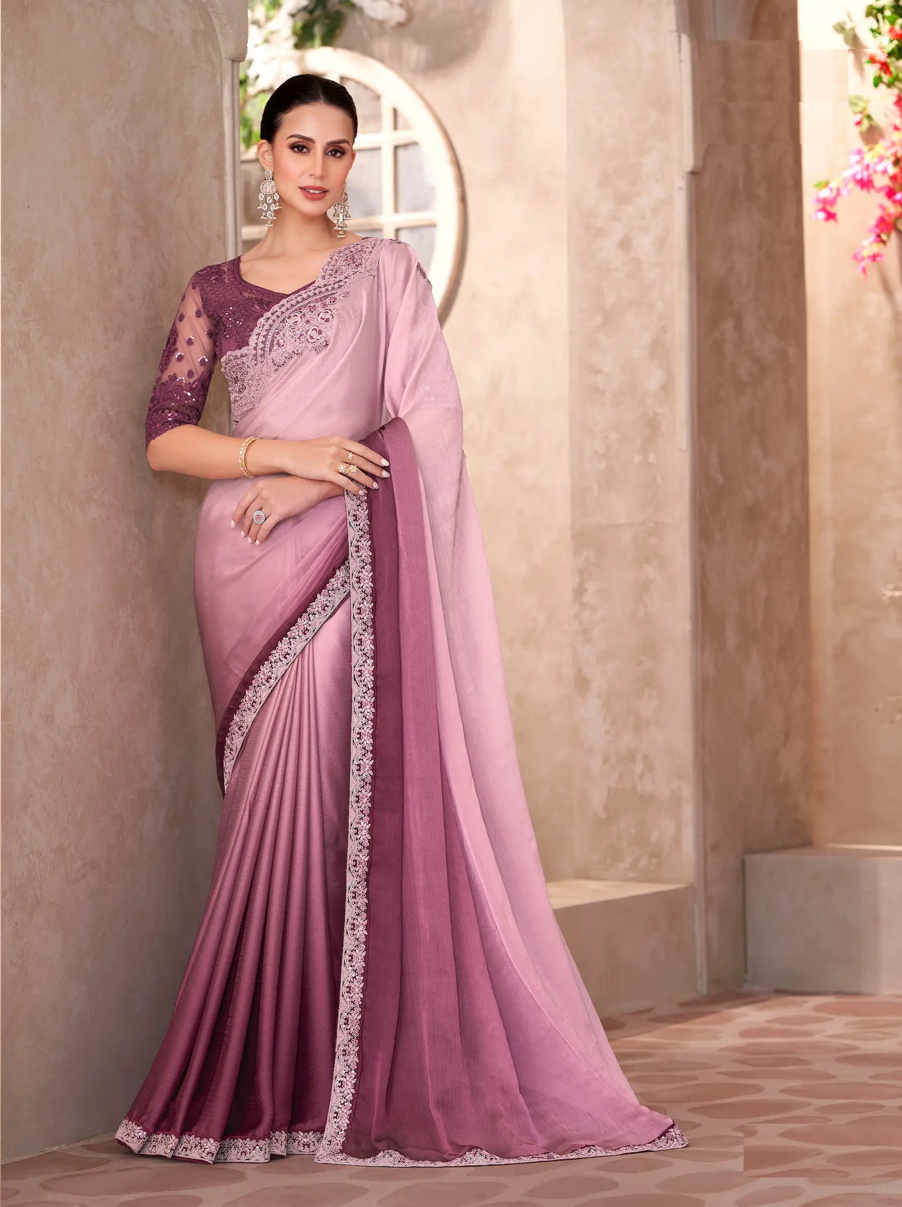 Powder Pink-Dull Purple Shaded Chiffon Embroidery Work Saree - qivii