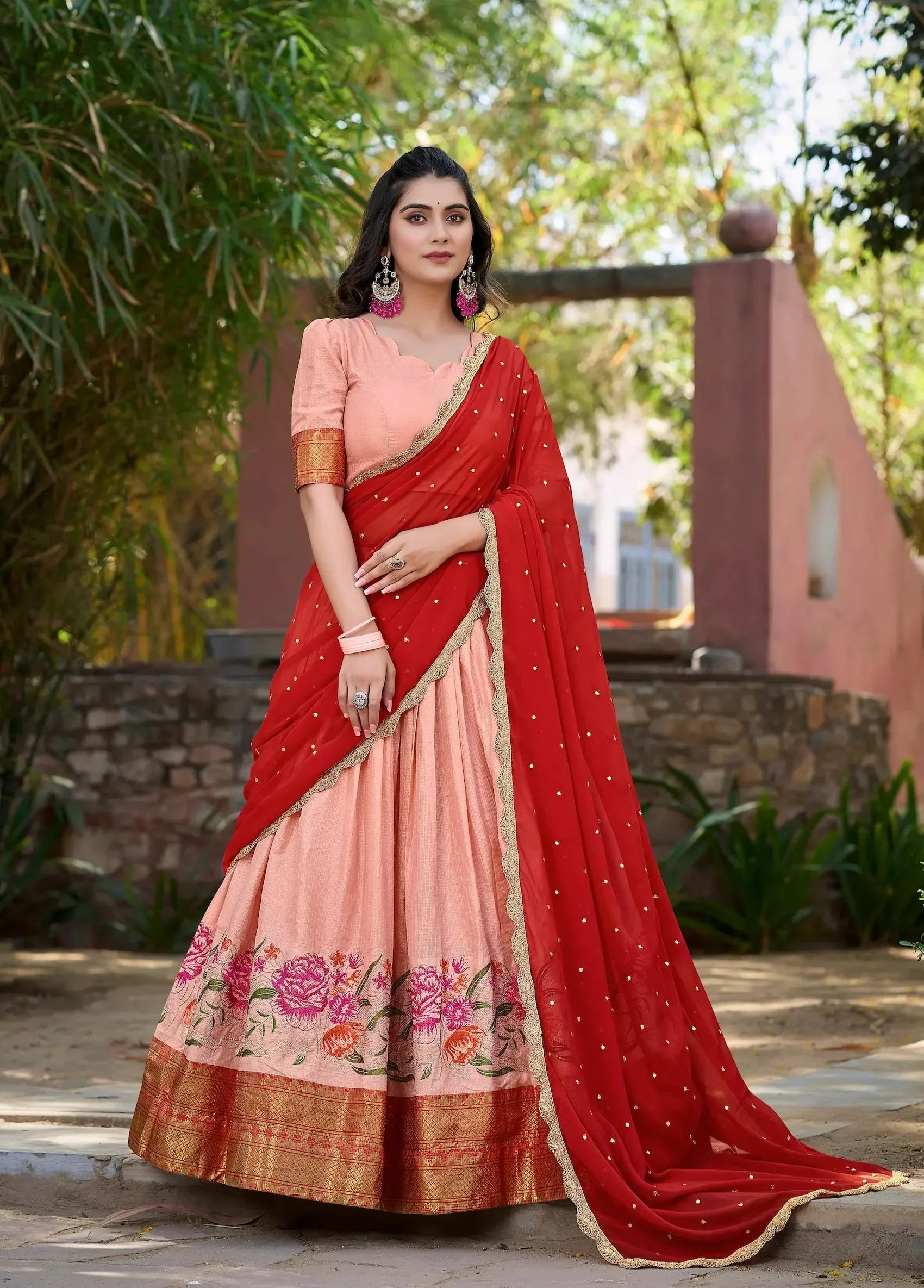 Peach Cotton Silk Embroidery Lehenga Choli | Ready To Wear - qivii