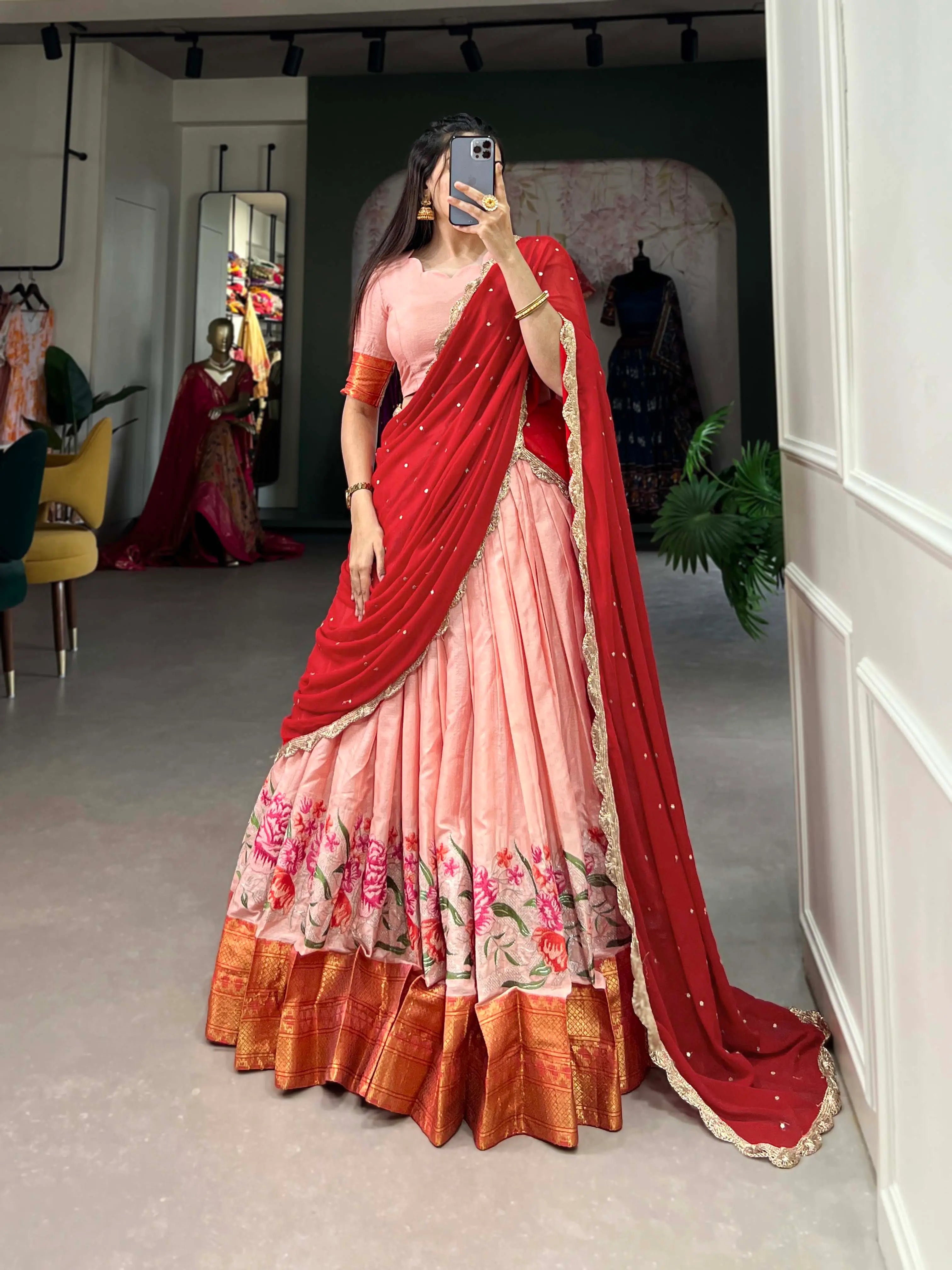 Peach Cotton Silk Embroidery Lehenga Choli | Ready To Wear - qivii