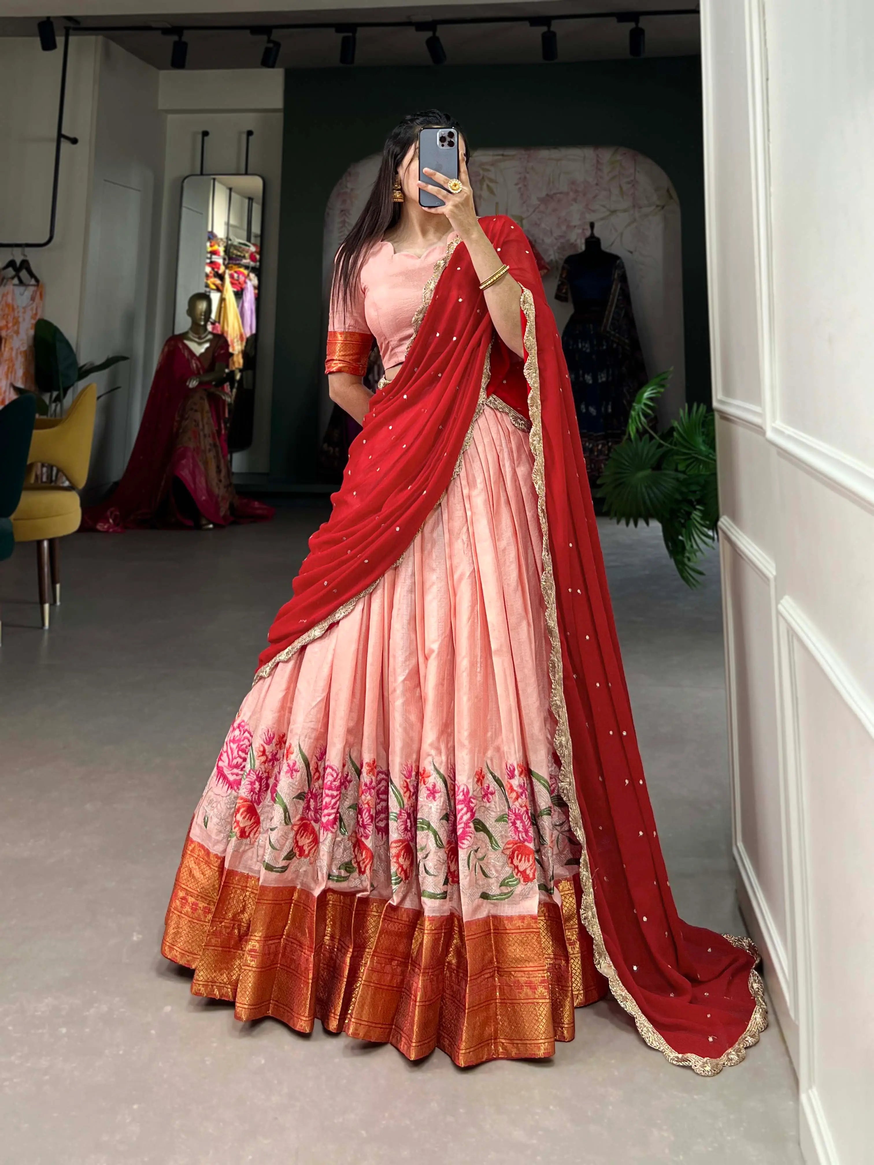 Peach Cotton Silk Embroidery Lehenga Choli | Ready To Wear - qivii