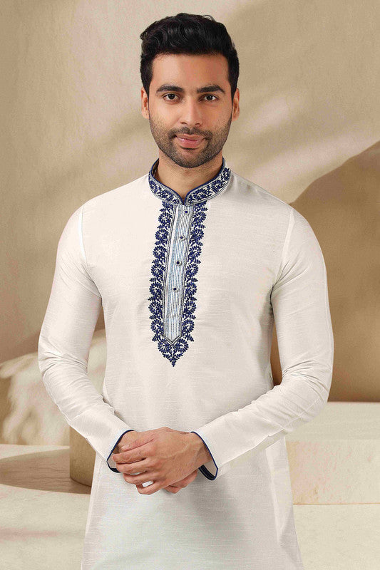 Men's Banarasi Art Silk Thread Work Kurta Pajama In Off White Colour