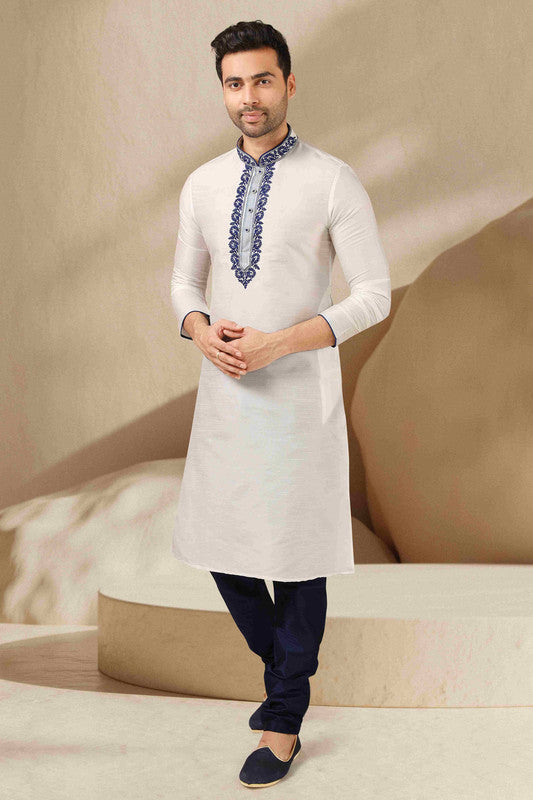 Men's Banarasi Art Silk Thread Work Kurta Pajama In Off White Colour