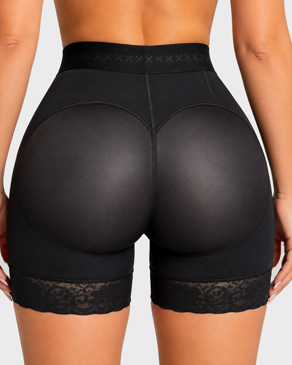 High Waist Side Zip Butt‑Lifting Lace Hem Shaping Shorts