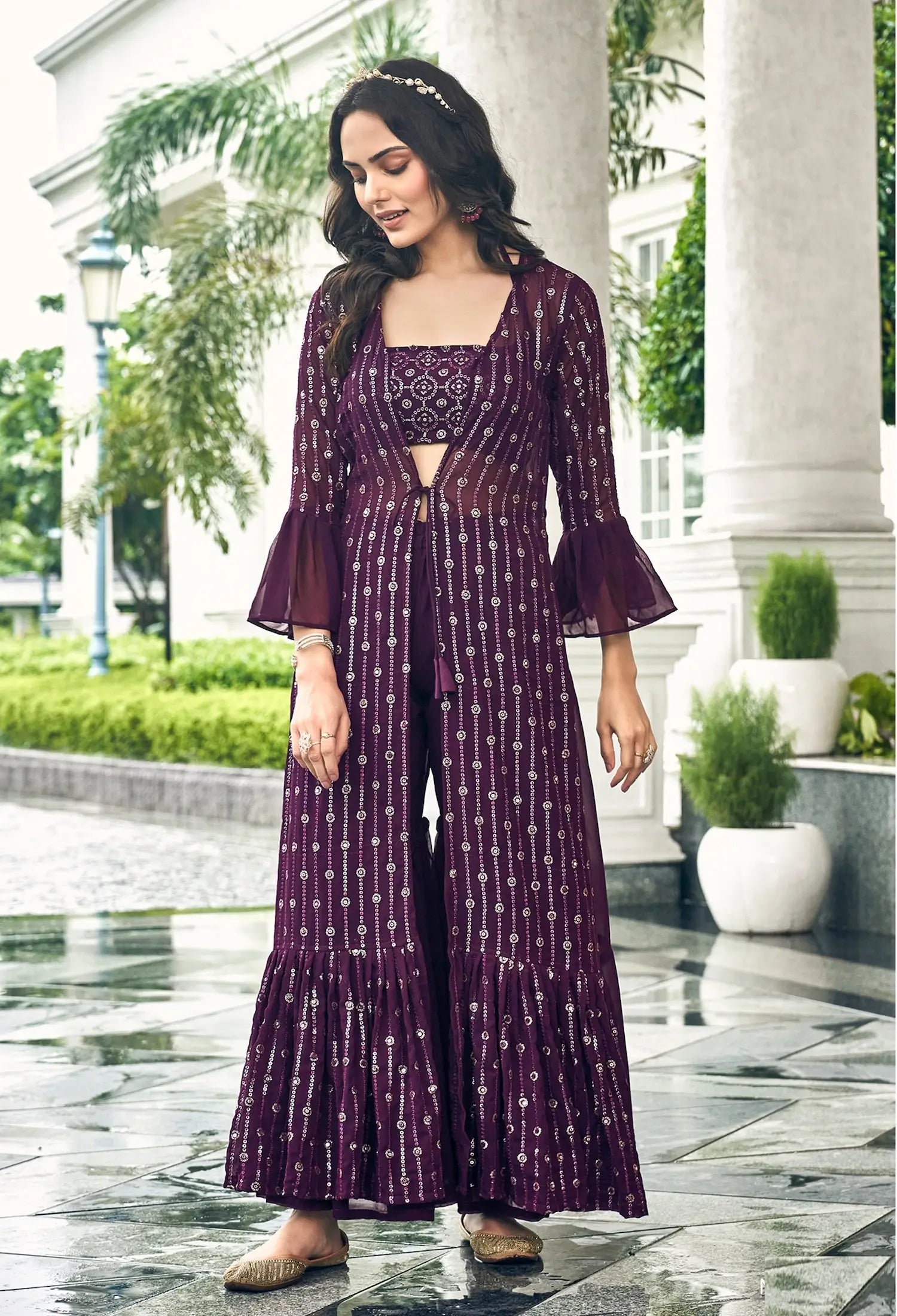 Wine Georgette Indo western Set With Thread & Sequence Embroidery Work | Ready To Wear - qivii