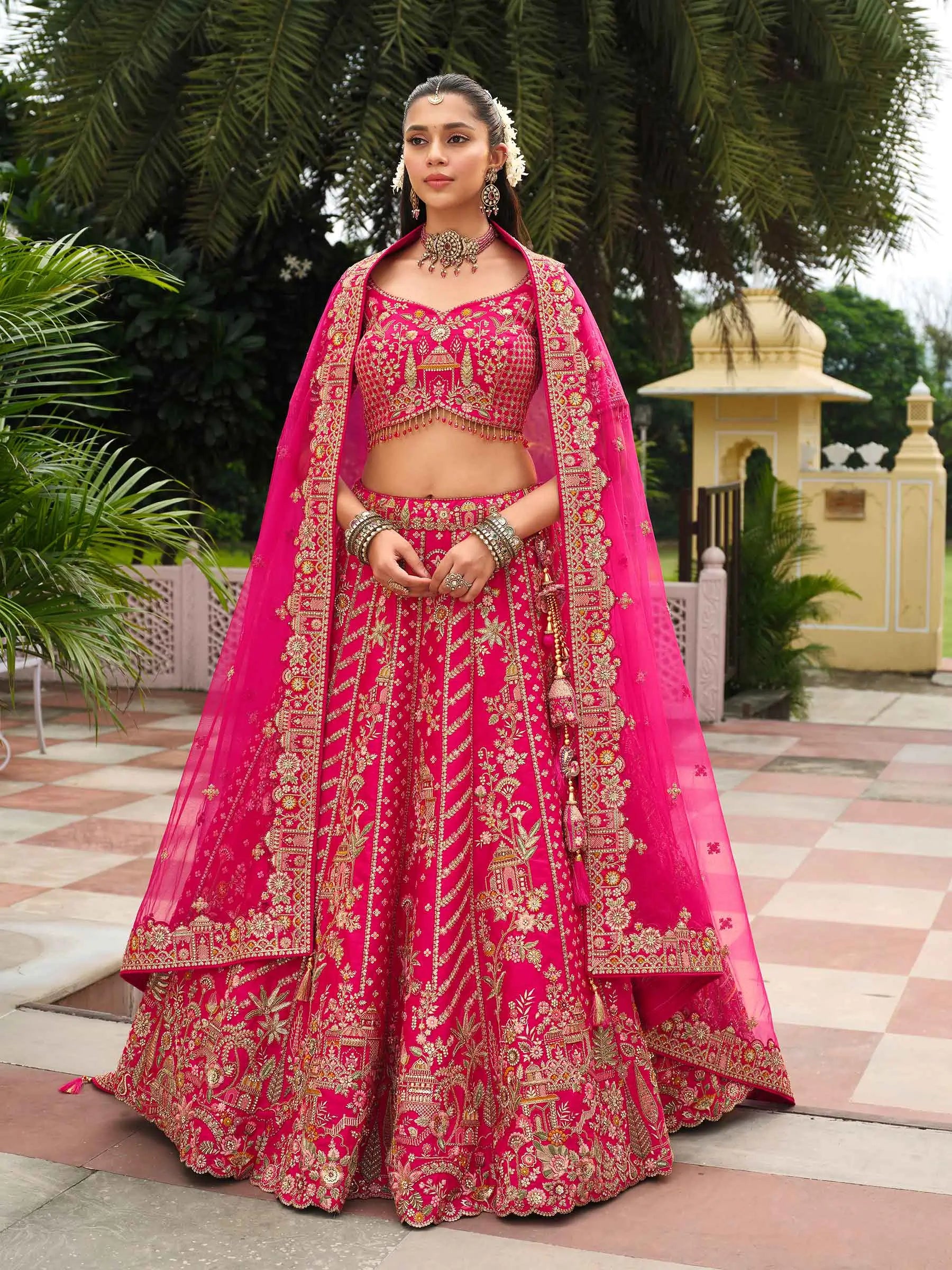 Raspberry Khatli Embroidery Bridal Lehenga With 2 Dupatta - qivii