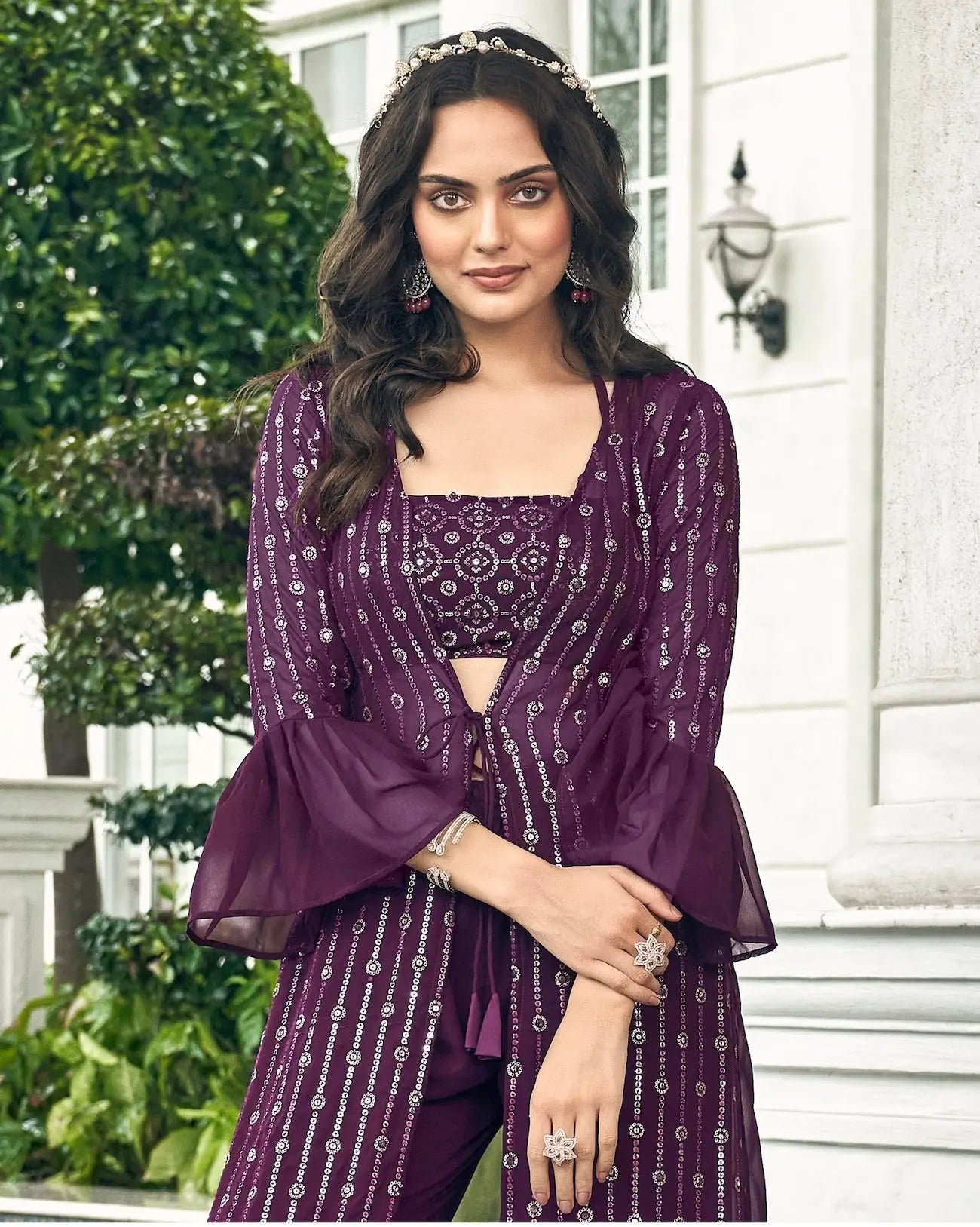 Wine Georgette Indo western Set With Thread & Sequence Embroidery Work | Ready To Wear - qivii