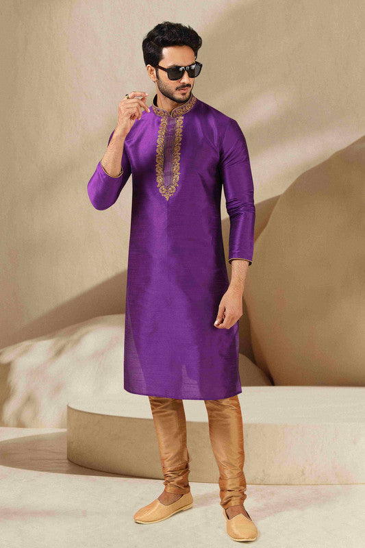 Men's Banarasi Art Silk Thread Work Kurta Pajama In Purple Colour