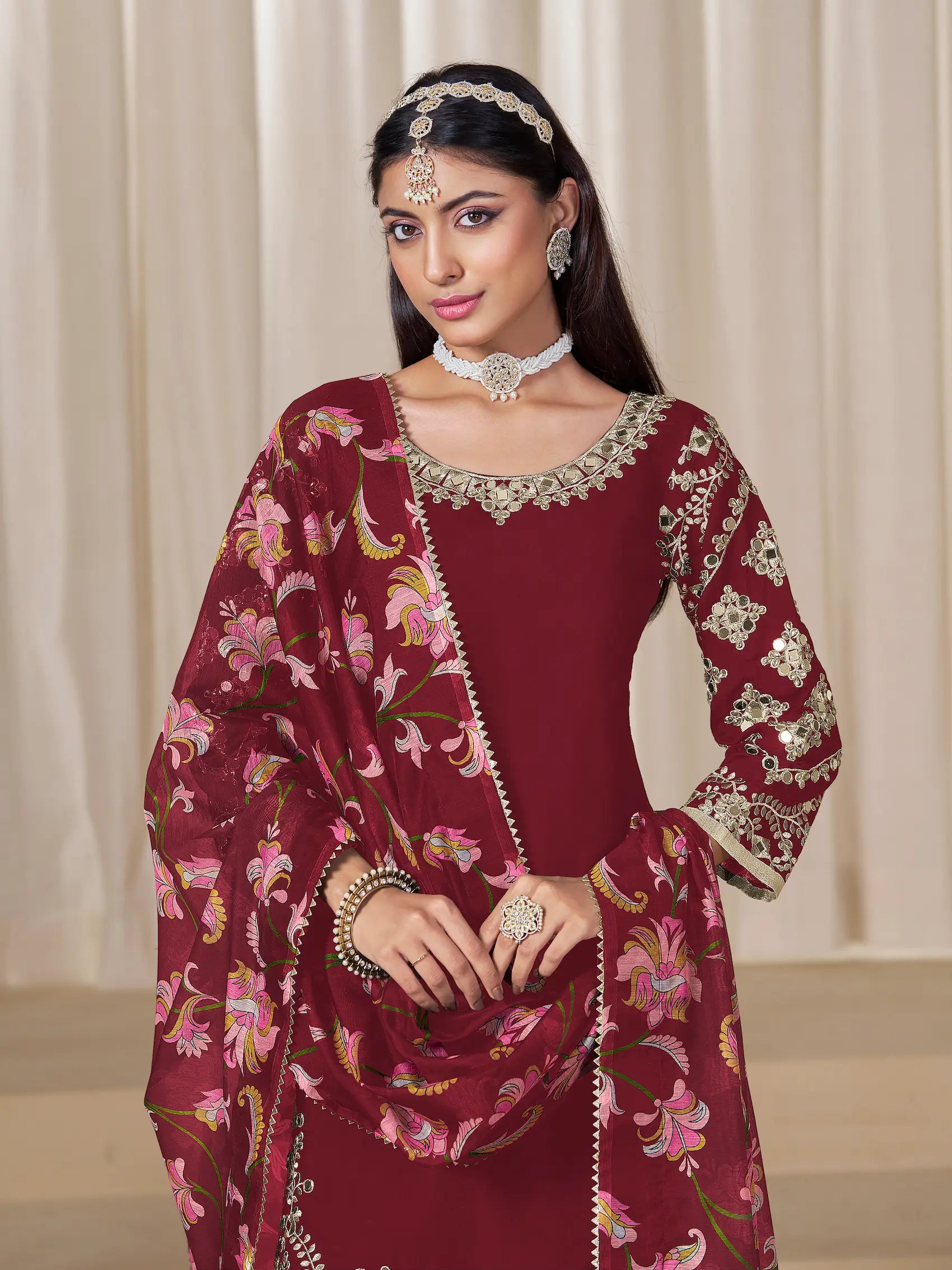 Dark Red Roman Silk Embroidery Work Salwar Suit - qivii