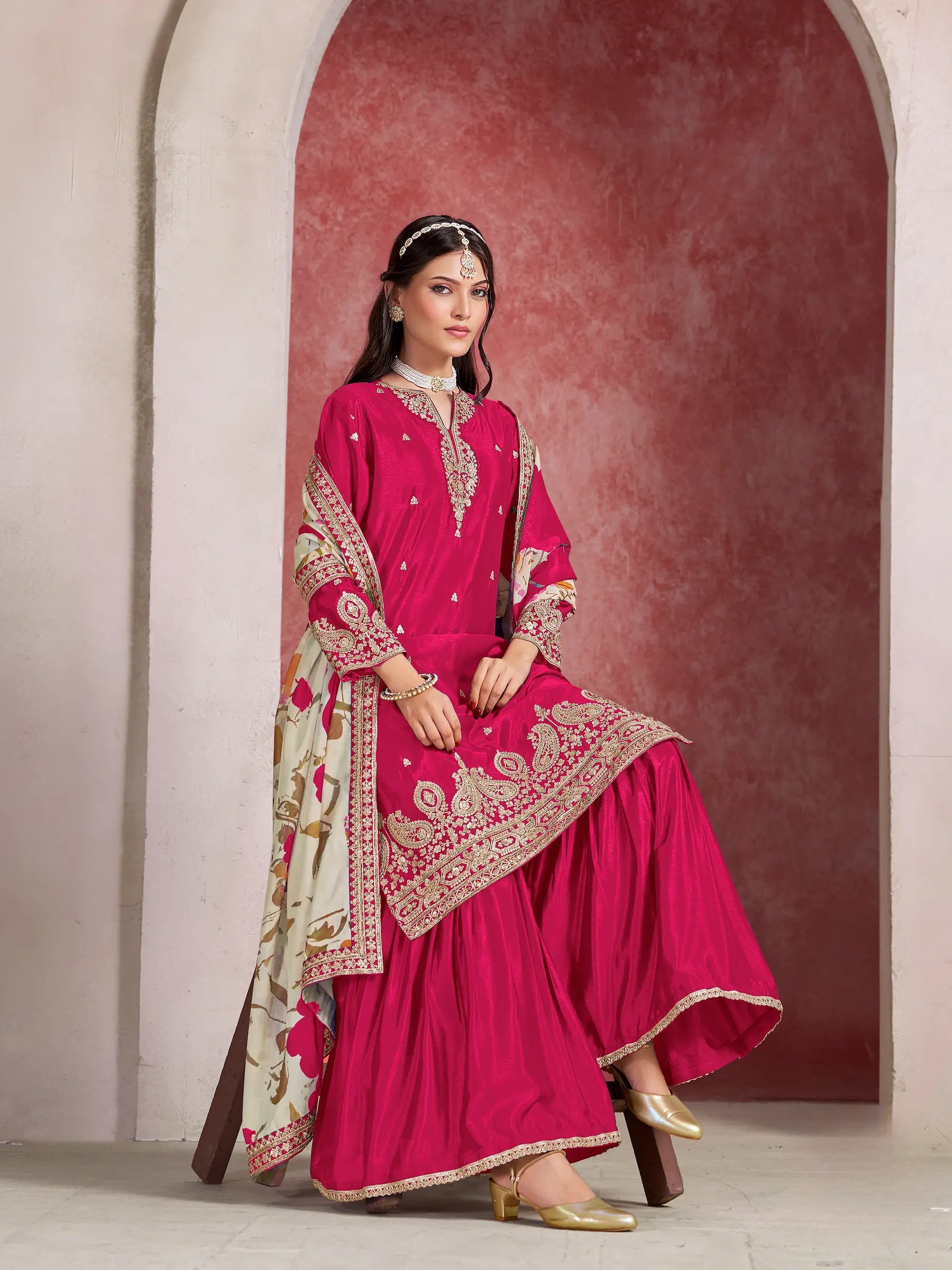Hot Pink Chinon Embroidery Salwar suit With Organza Dupatta - qivii