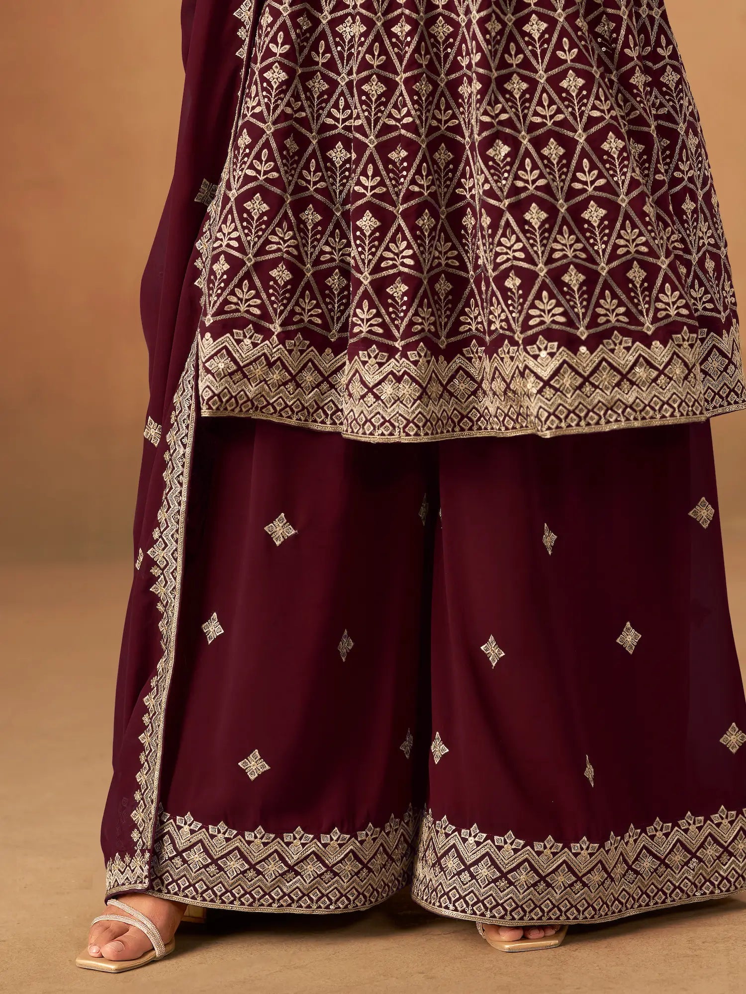 Maroon Georgette Embroidery Work Palazzo Set - qivii