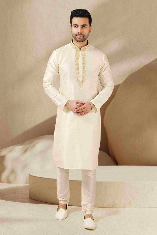Men's Banarasi Art Silk Thread Work Kurta Pajama In Lemon Cream Colour