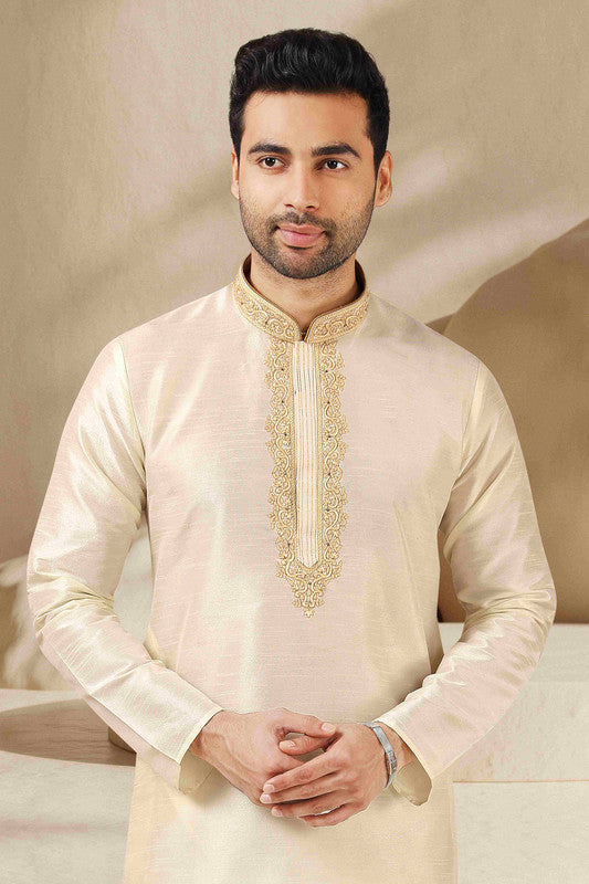 Men's Banarasi Art Silk Thread Work Kurta Pajama In Lemon Cream Colour