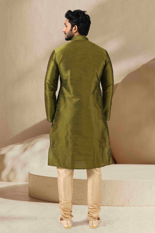 Men's Banarasi Art Silk Thread Work Kurta Pajama In Green Colour