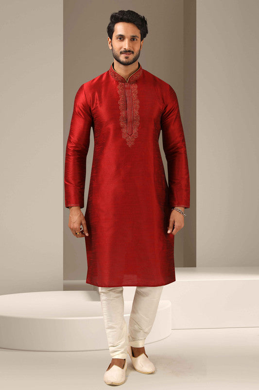 Men's Banarasi Art Silk Thread Work Kurta Pajama In Maroon Colour
