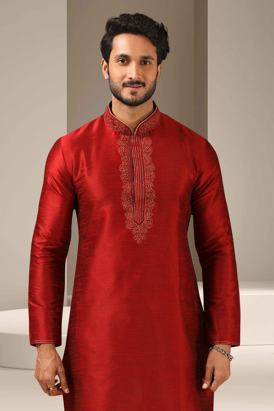 Men's Banarasi Art Silk Thread Work Kurta Pajama In Maroon Colour