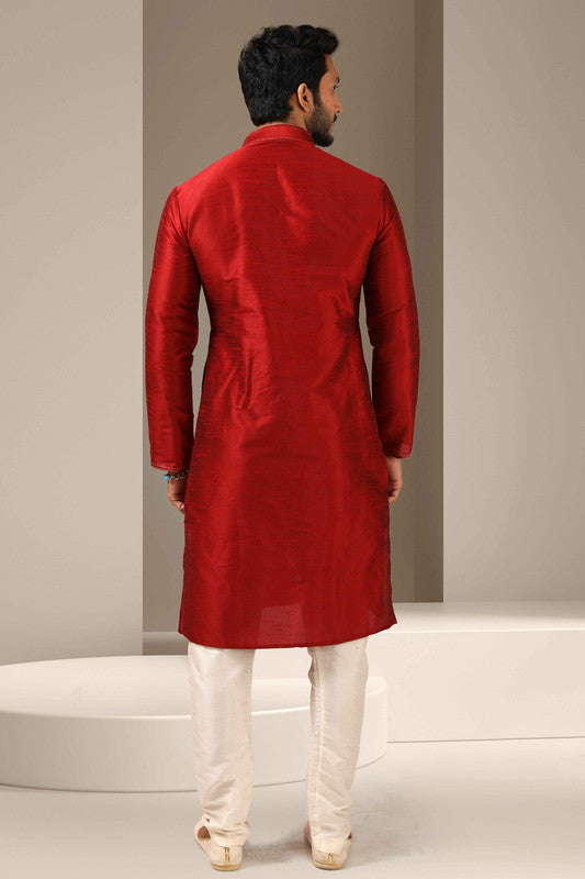 Men's Banarasi Art Silk Thread Work Kurta Pajama In Maroon Colour