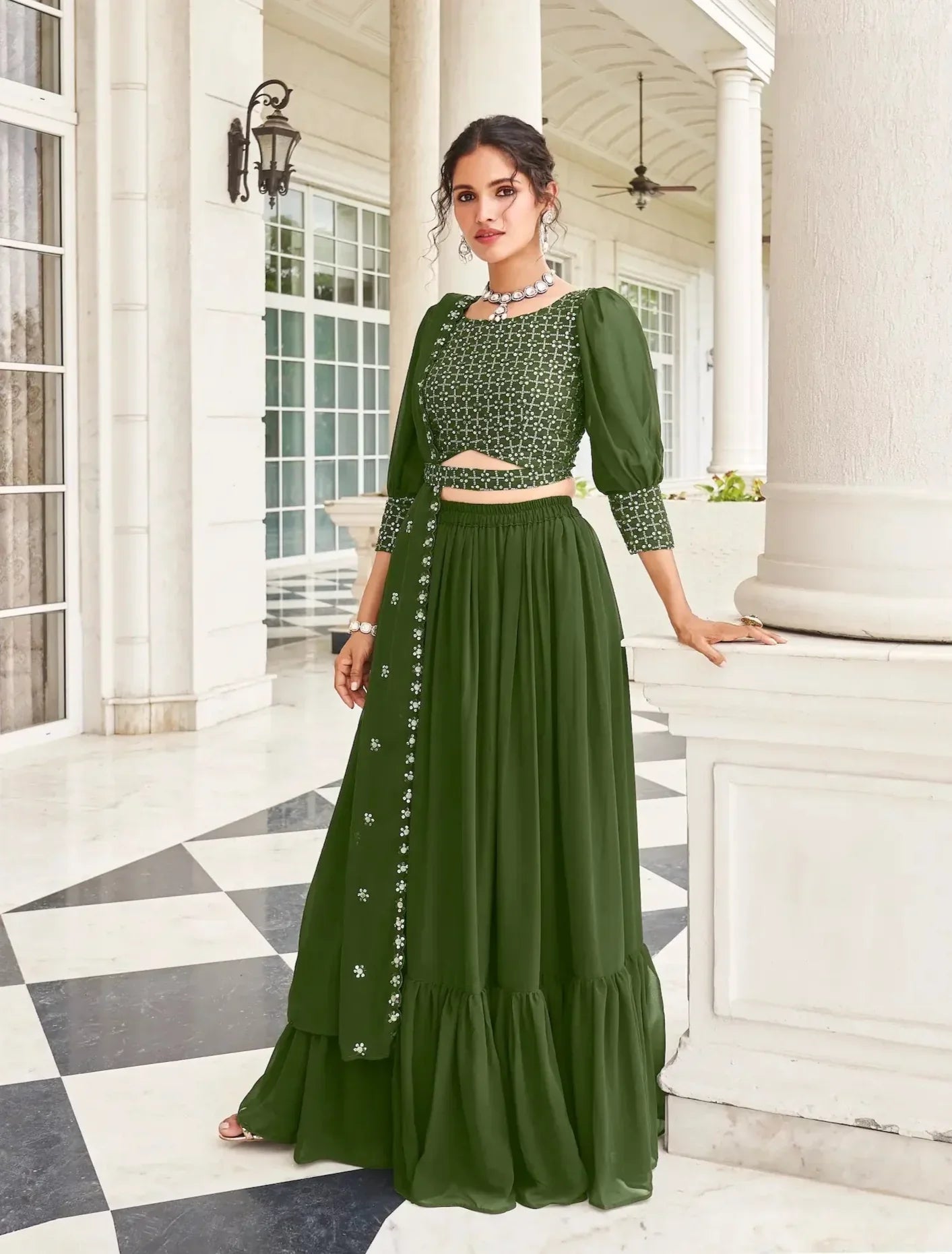Olive Green Georgette Thread & Sequence Embroidery Work Lehenga Choli | Ready To Wear - qivii