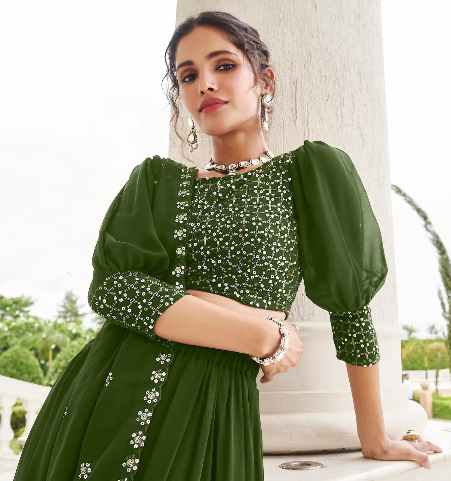 Olive Green Georgette Thread & Sequence Embroidery Work Lehenga Choli | Ready To Wear - qivii