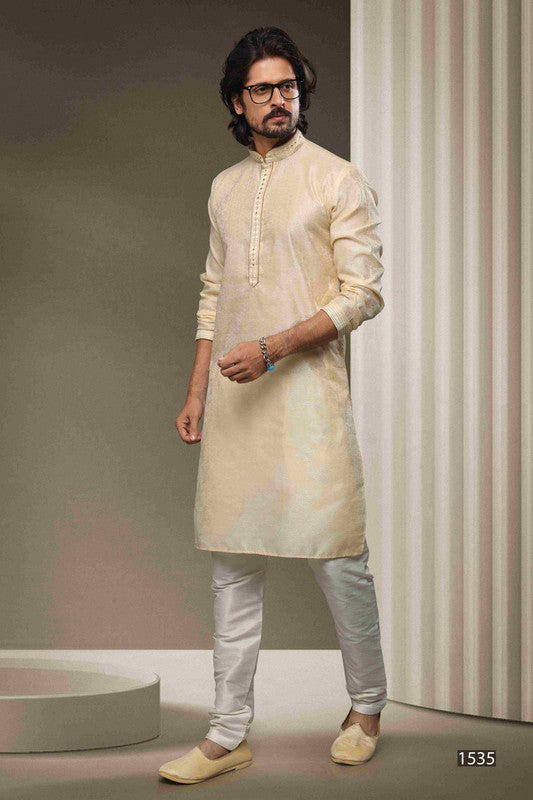 Men's Jacquard Silk Brocade Mirror Work Kurta Pajama In Cream Colour
