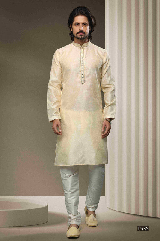 Men's Jacquard Silk Brocade Mirror Work Kurta Pajama In Cream Colour