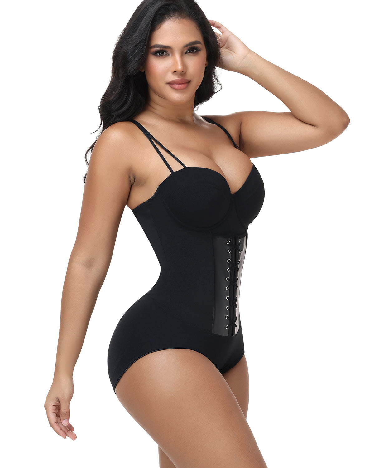 V Neck Double Thin Strap Leather Lace Up Tummy Control Bodysuit