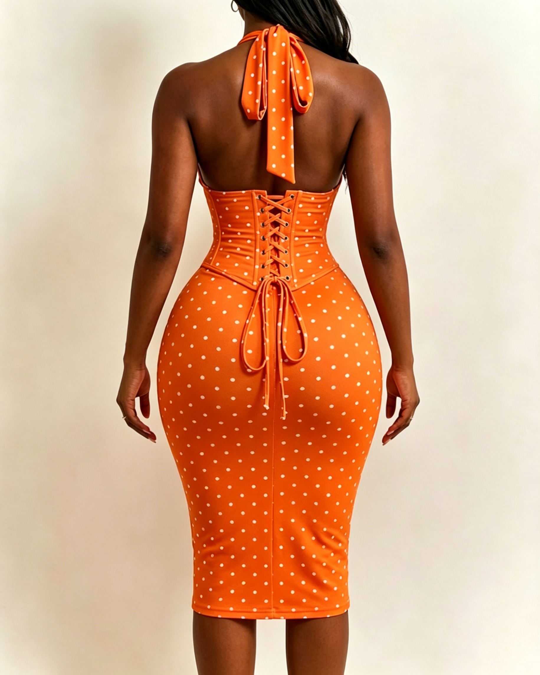 Polka Dot Corset Halter Midi Dress with Lace-Up Back - By Qivii