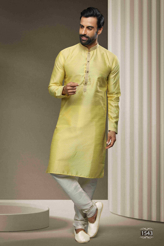 Men's Jacquard Silk Brocade Pintux Work Kurta Pajama In Lemon Cream Colour