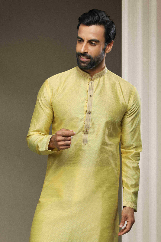 Men's Jacquard Silk Brocade Pintux Work Kurta Pajama In Lemon Cream Colour