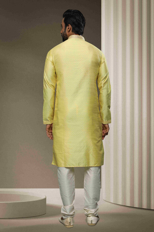 Men's Jacquard Silk Brocade Pintux Work Kurta Pajama In Lemon Cream Colour