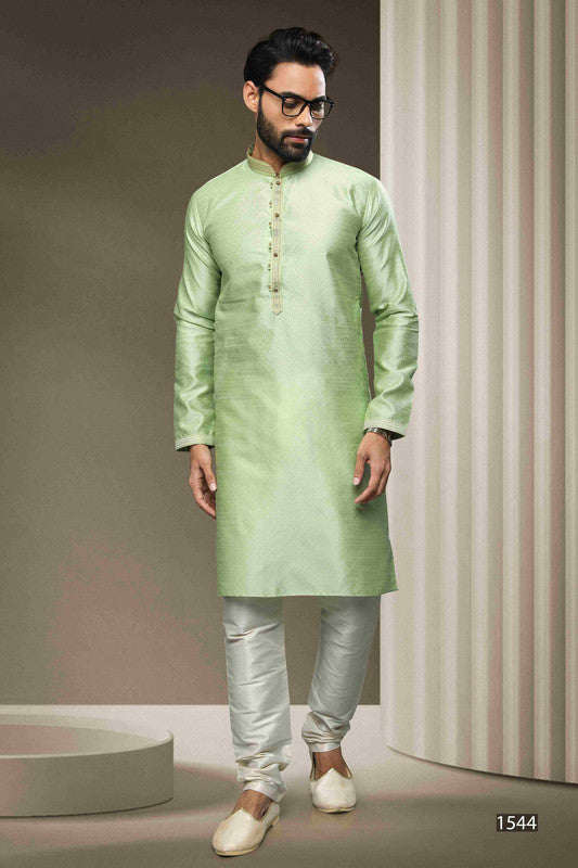 Men's Jacquard Silk Brocade Pintux Work Kurta Pajama In Pista Green Colour