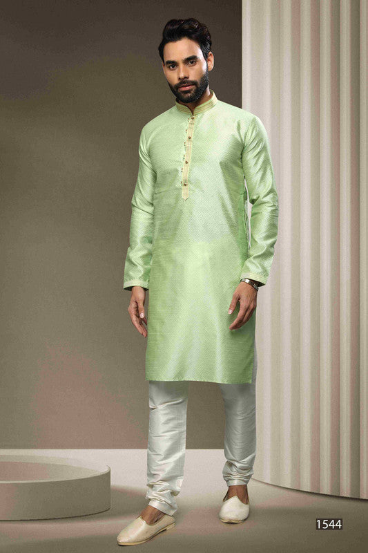 Men's Jacquard Silk Brocade Pintux Work Kurta Pajama In Pista Green Colour