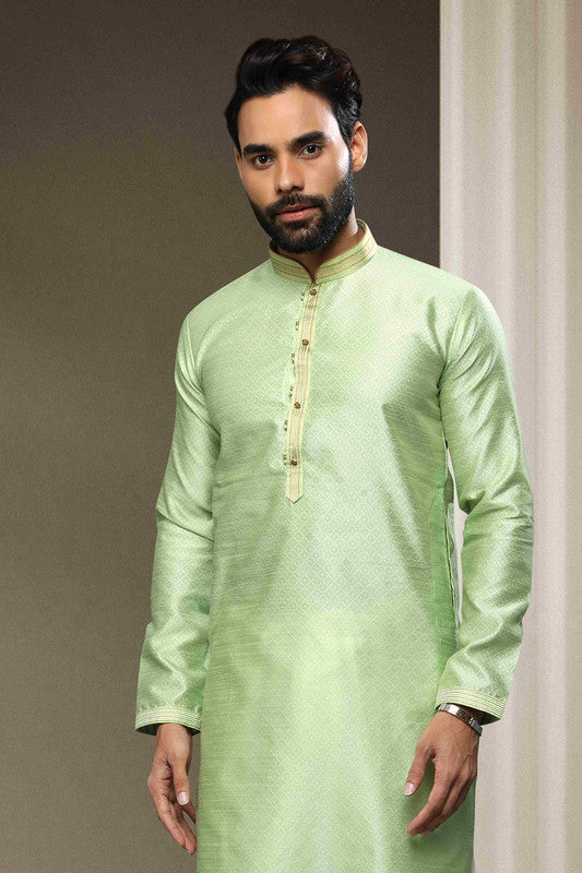 Men's Jacquard Silk Brocade Pintux Work Kurta Pajama In Pista Green Colour
