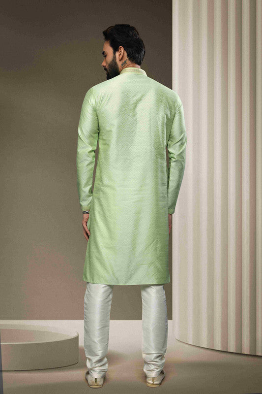 Men's Jacquard Silk Brocade Pintux Work Kurta Pajama In Pista Green Colour