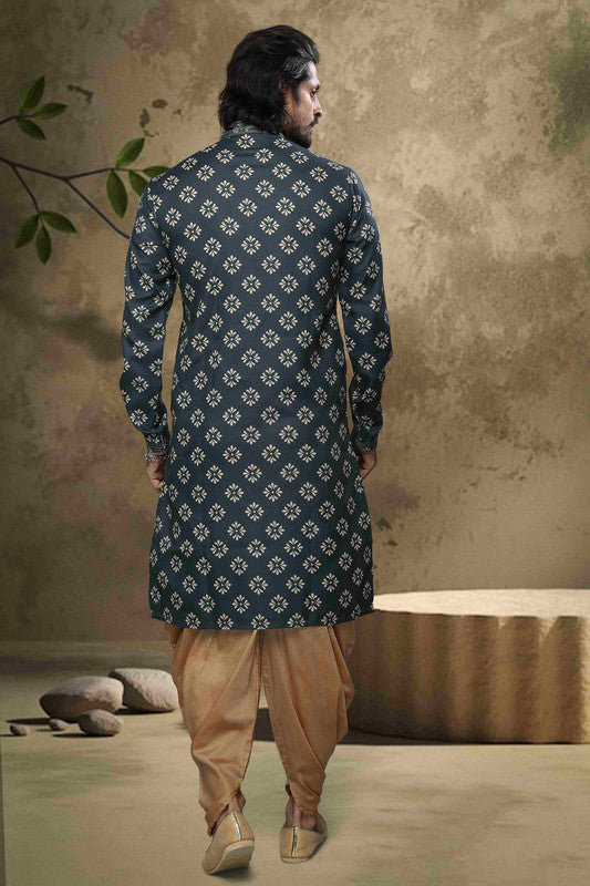 Men's Cotton Digital Print Pintux Work Kurta Pajama In Green Colour