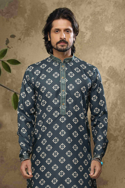 Men's Cotton Digital Print Pintux Work Kurta Pajama In Green Colour