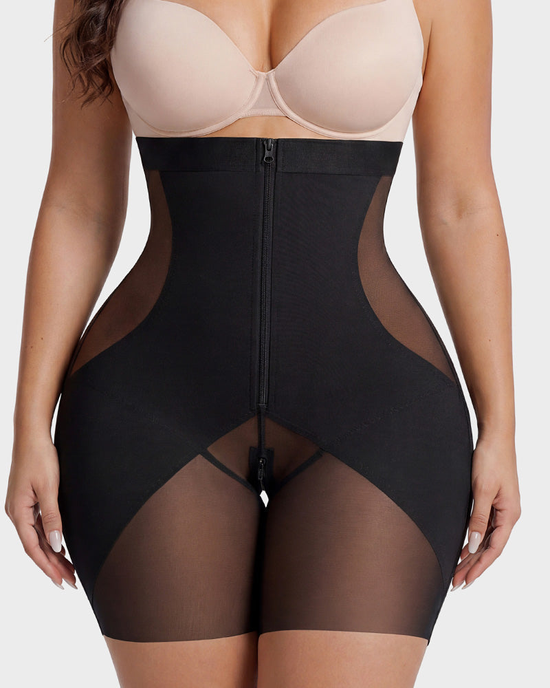 High Waist Zipper Tummy Control Butt Lifting Mid Thigh Mesh Shapewear Shorts