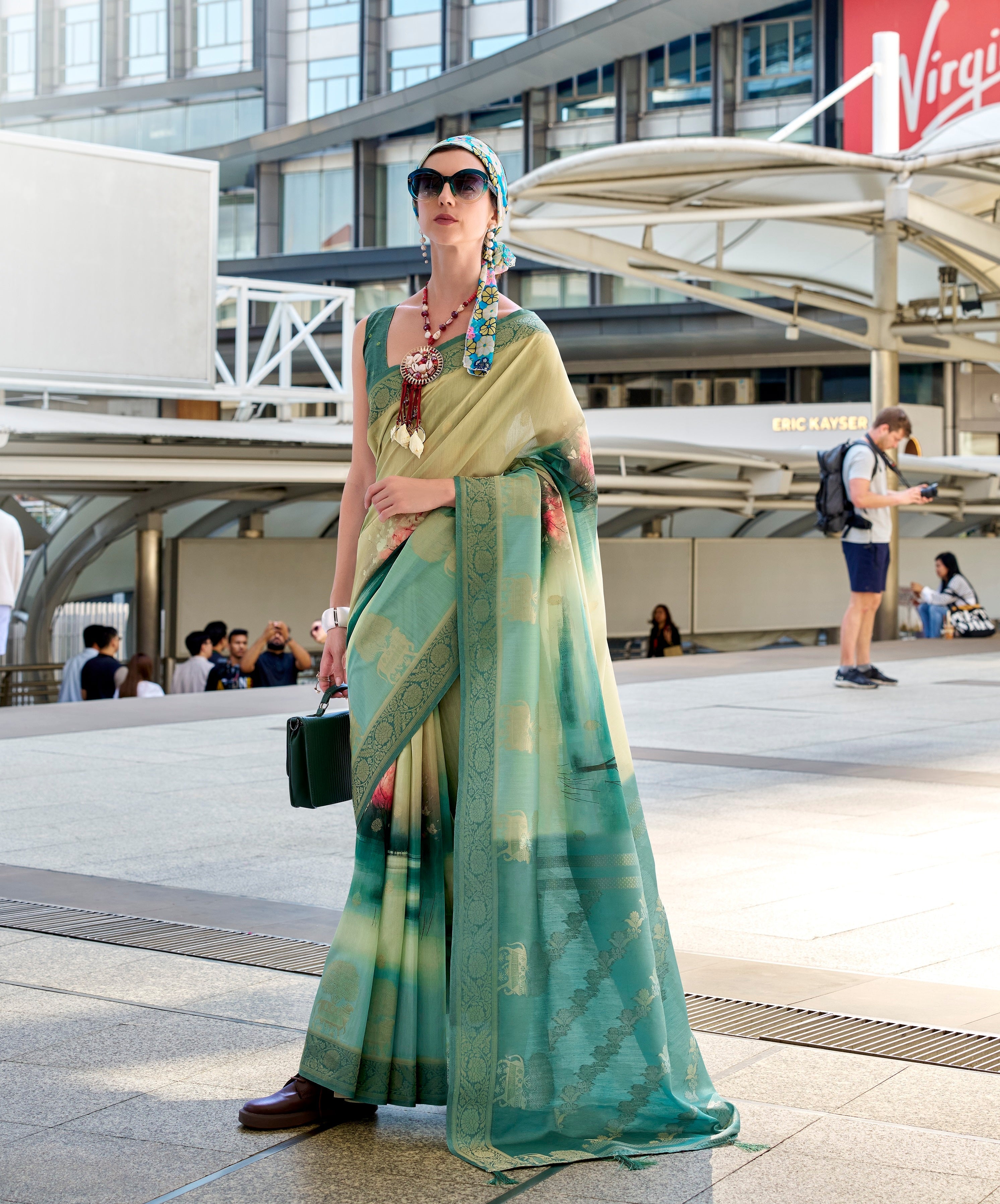 Green Pure Handloom Mashoorm silk with Exclusive Print Saree - qivii